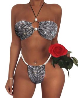 Hot Rhinestone Embellished Bikini Two Piece Swimsuit