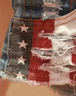 Low-rise American Flag Print Ripped Denim Shorts