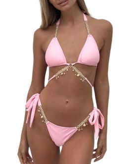 Spaghetti Strap Bikini Tops+ Bikini Panties with Rhinestones Swimwear