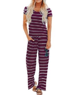 Striped Short Sleeve Casual Long Jumpsuits