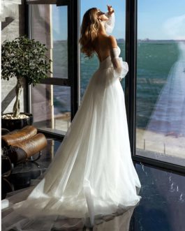 Detachable Trail Puff Sleeves V-Neck Bride Bridal Gown