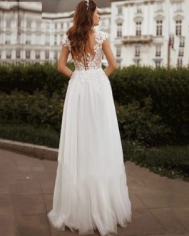 A-Line Lace Cap Sleeveless Wedding Dress