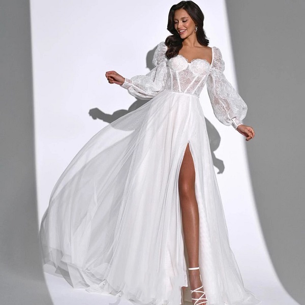 High Side Split White Wedding Dress - Power Day Sale