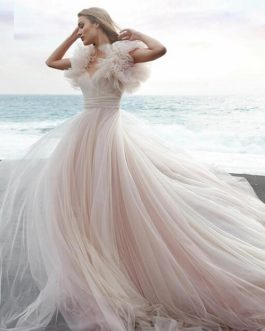 Pink Short Puffy Sleeves Beach Princess Wedding Dress