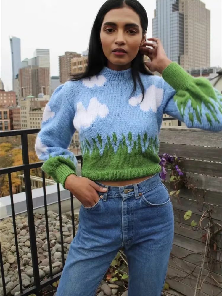 Vintage Cloud Sweater Pullovers Lantern Sleeve Oversized Cropped Jumper
