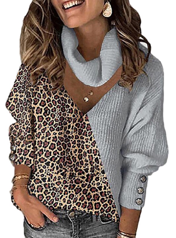 Cowl Neck Pullover Sweater Long Puffy Sleeves