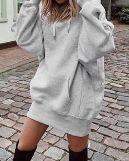 Hand Warmer Pocket Hooded Sweatshirt Mini Dress