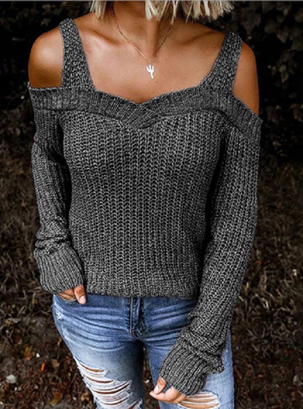 Knit Pullover Sweater Cold Shoulder Sleeves