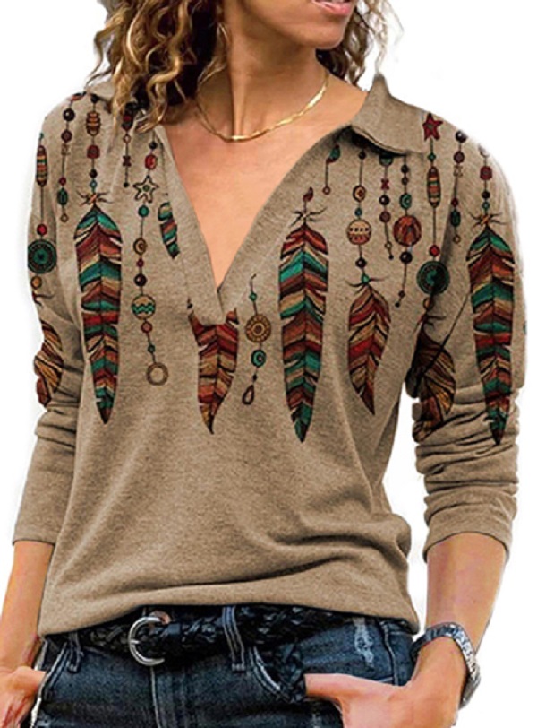 Native Bead Printed Folding Collar Long Sleeve Shirt