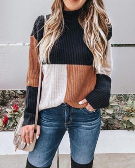 Triple Color Clock Knit Sweater Oversized Fit  Half Turtleneck