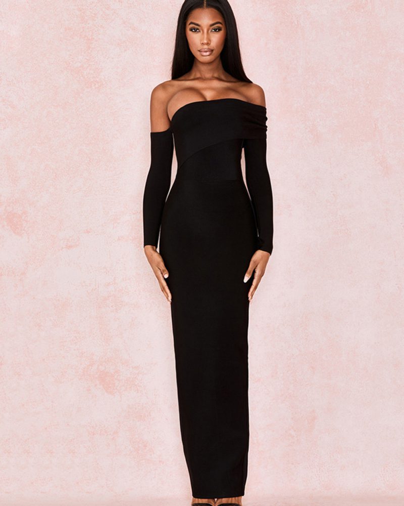 One-Line Neck Tube Top Long Sleeve Back Slit Bandage Dress