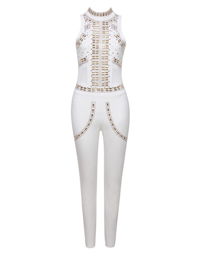 Neck Diamond Patchwork Bodycon Jumpsuit