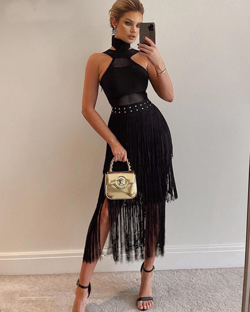 Evening Dress Crystal Tassel Sleeveless Party Midi Dress