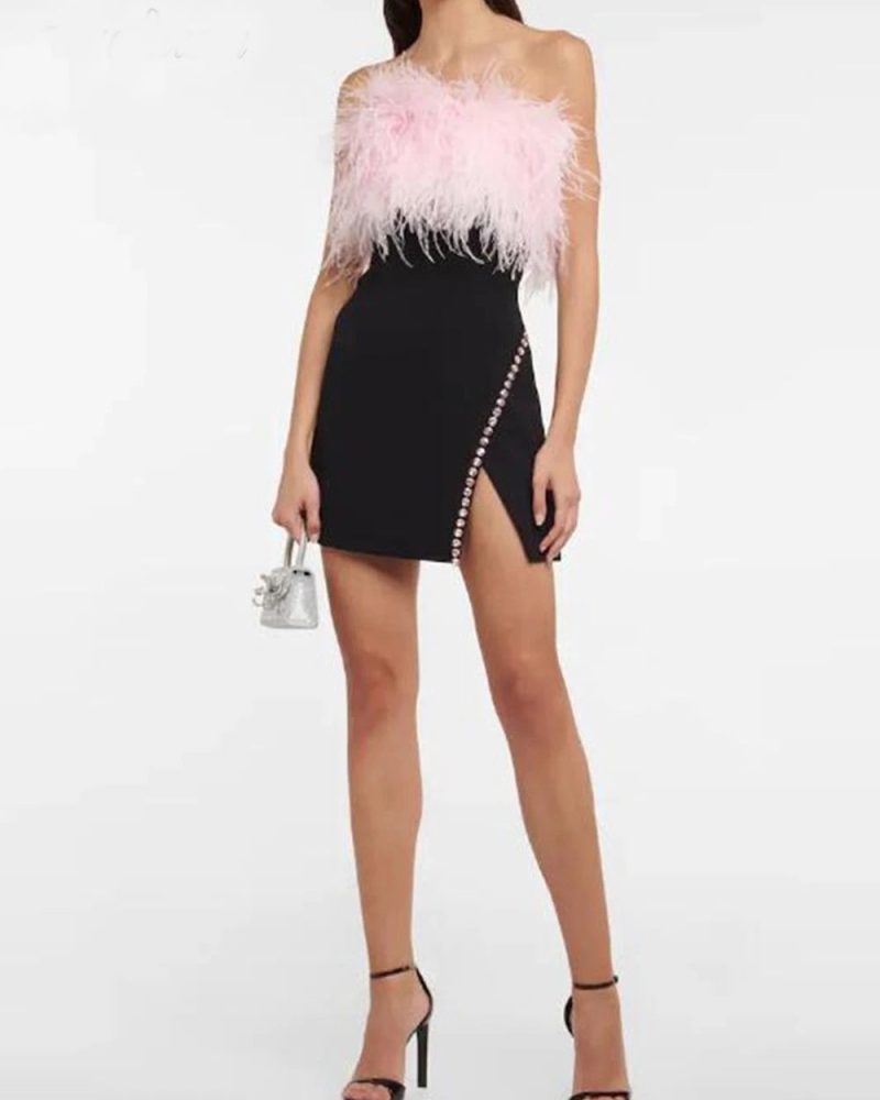Feather Splice Diamond Backless Party Dress