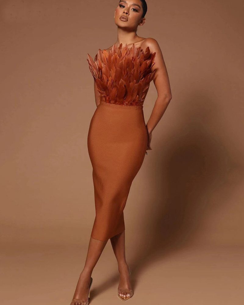 Backless Brown Hot Pink Feather Bodycon Bandage Dress