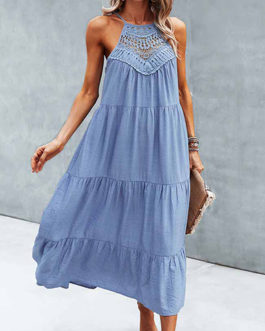 WMNS Tiered Lace Accent Halter Style Maxi Dress