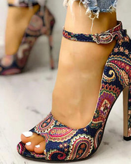 WMNS Paisley Pattern Printed Stiletto High Heel Shoes – Ankle Strap
