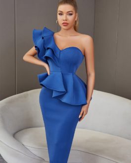 Blue Ruffles Dress One Shoulder Butterfly Sleeve Summer Celebrity