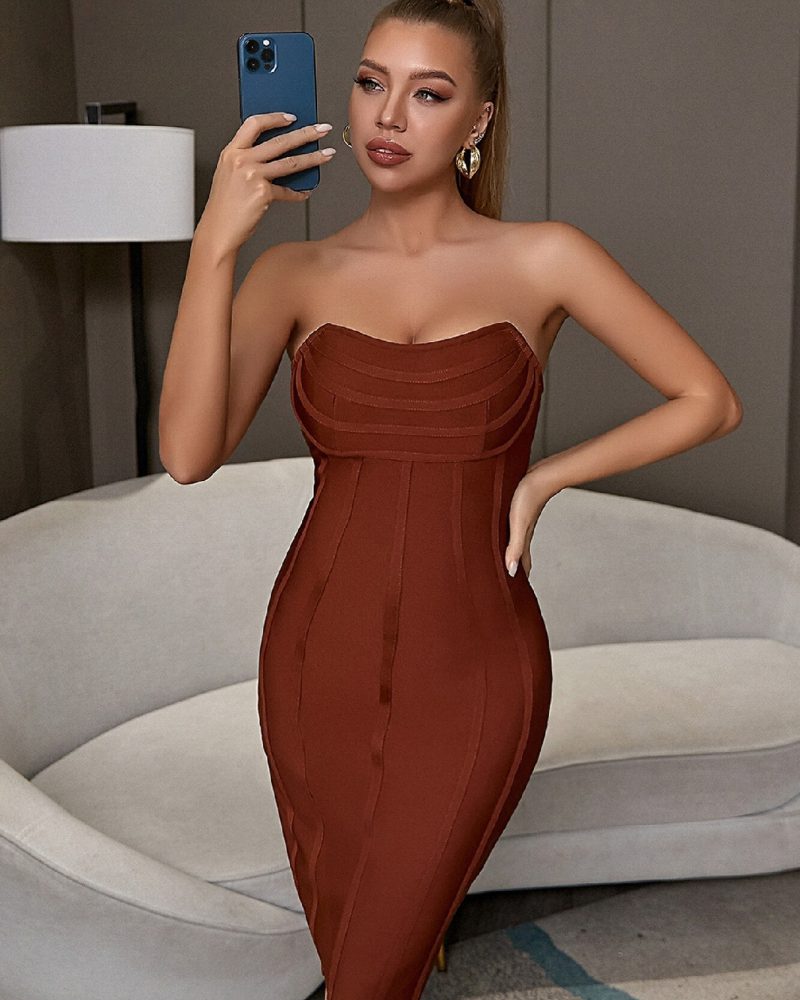 Strapless Mini Bodycon Bandage Dress Club Wear Sexy Sleeveless Khaki