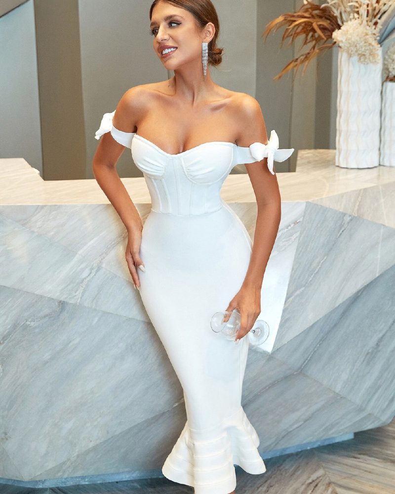 Off Shoulder Bandage Mermaid Dress Sexy Bow Sleeve Bodycon Club