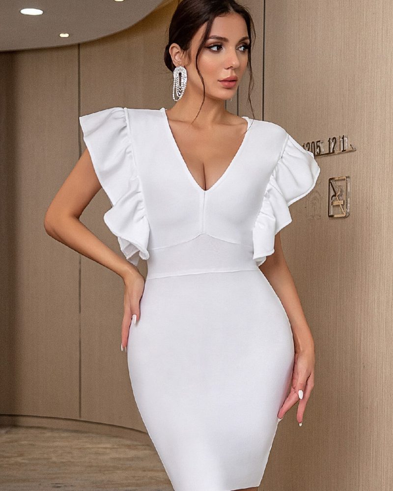 Red Ruffles Mini Bodycon Bandage Dress Sexy V Neck Cross Back Hot