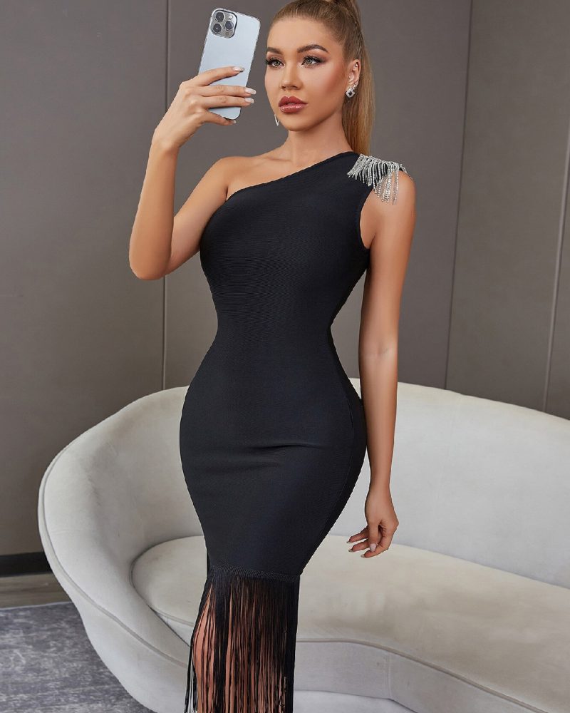 Black Tassel Midi Bodycon Bandage Dress Sexy One Shoulder Sleeveless Diamonds