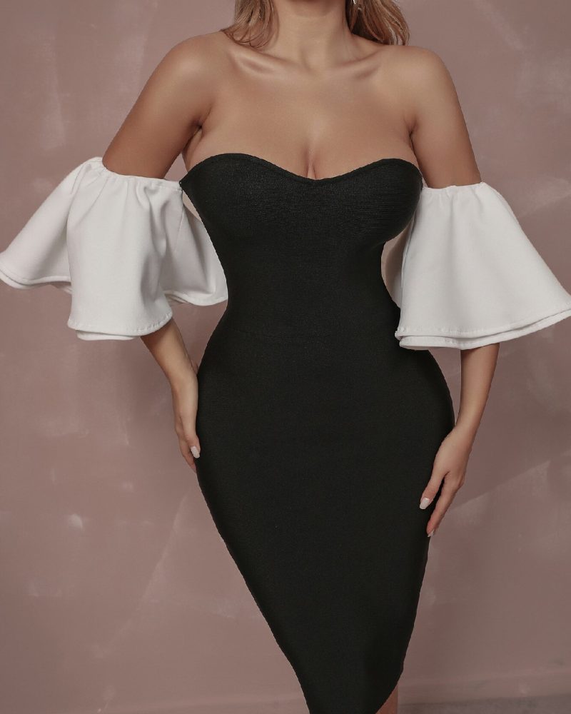 Off Shoulder Strapless Midi Bandage Dress Sexy Short Sleeve