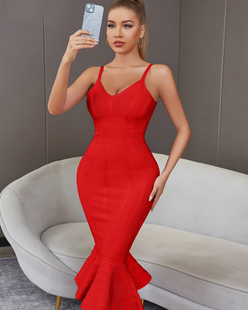 Summer Pink Bandage Dress Spaghetti Strap Mermaid V-Neck