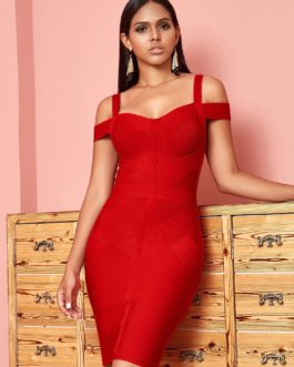 Bodycon Bandage Dress Sexy Red Spaghetti Strap Knee Length