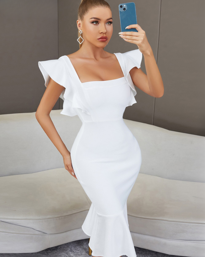 White Ruffles Trumpet Bandage Dress Butterfly Sleeve