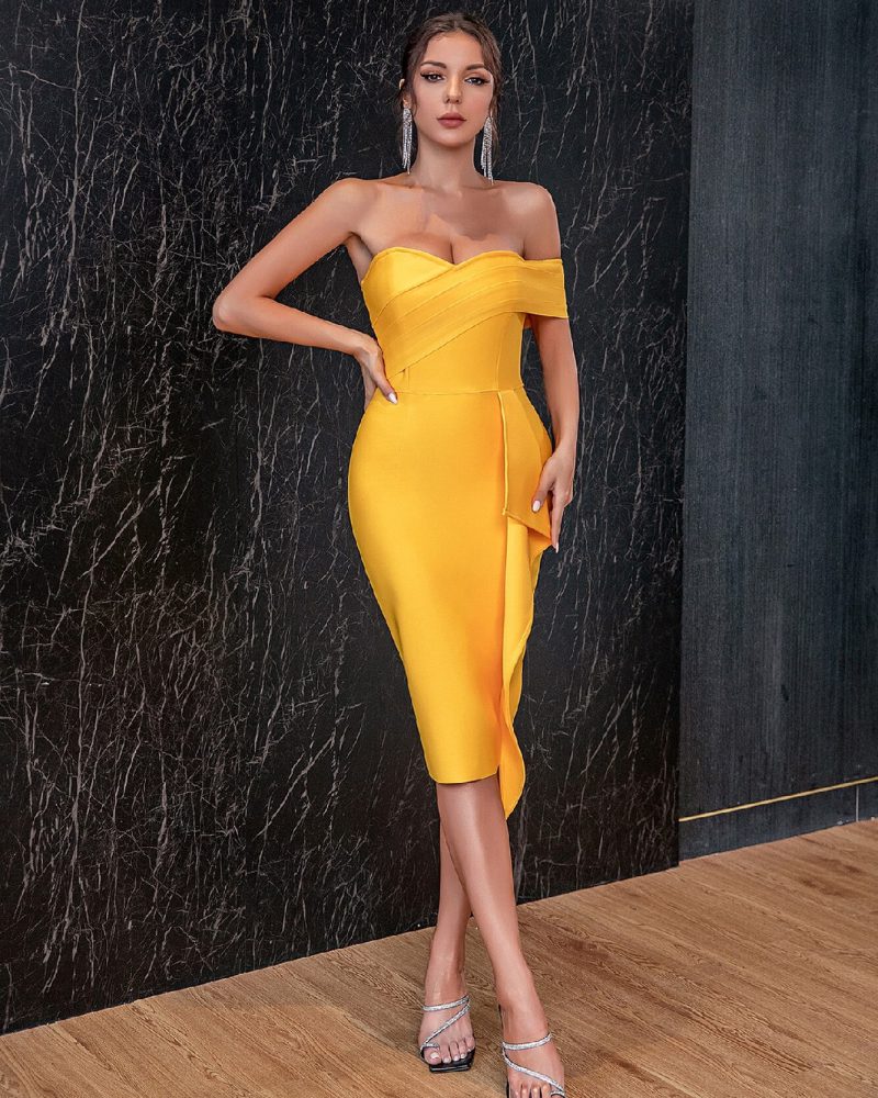 Off Shoulder Bodycon Bandage Dress Sexy Ruffles Short Sleeve