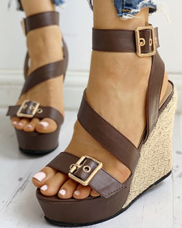 Women’s Strappy Wedges – Gold Metal Buckles / Open Toes