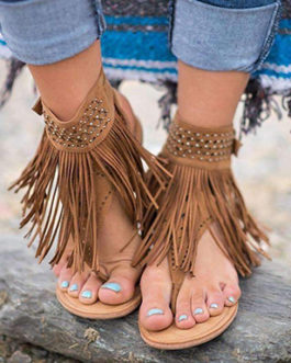 WMNS Fancy Fringed Sandals – Open Toe Style / Rhinestone Stud Accents