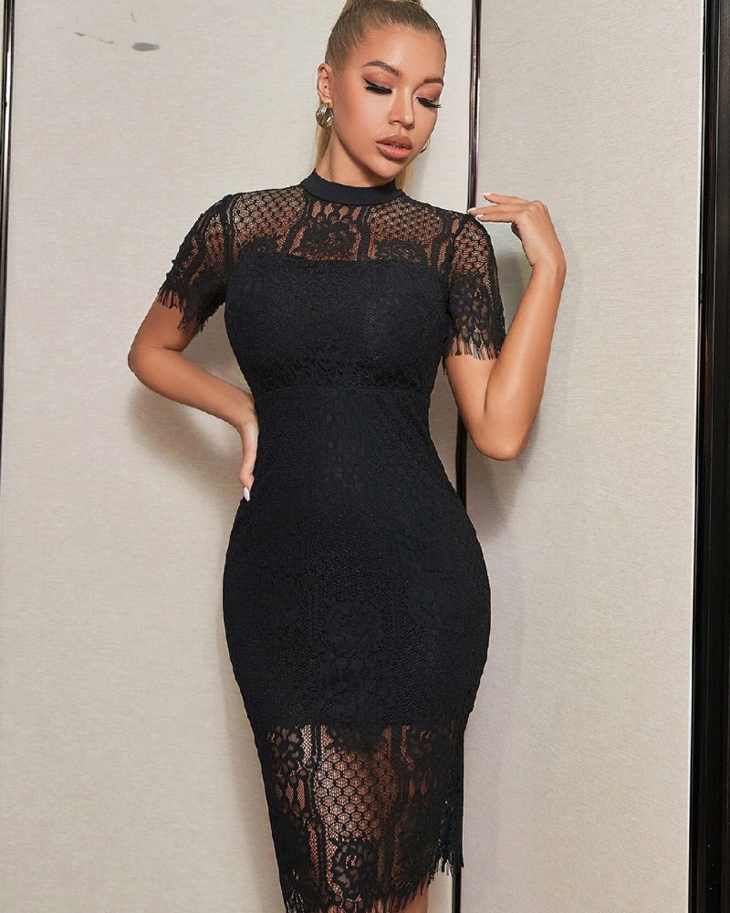 Black Lace Dress Outfits Short Sleeve Sexy See Through Celebrity