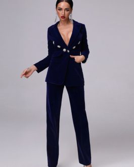 Luxury Dark Blue Velvet Long-sleeved Crystal Diamond Buckle Jacket & Trousers