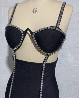 Sexy Sleeveless Sling V-Neck Diamond Patchwork Bandage Dress
