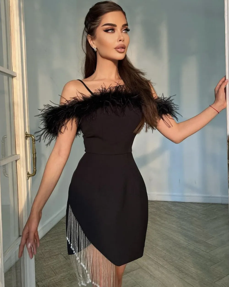 Feather Crystal Tassel Mini Bodycon Dress