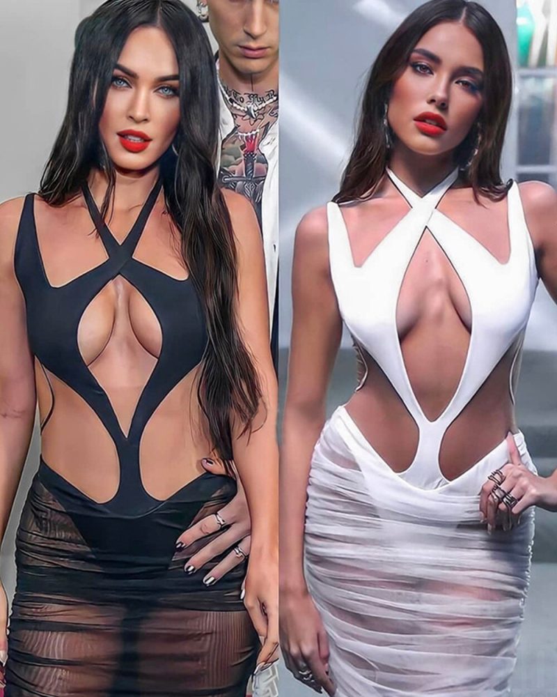 Halter Neck Hollow Mesh See-Through Midi Bodycon Dress