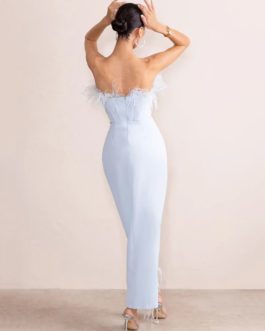 Strapless Sexy Feather Tight Split Mid-Calf Bandage Dress