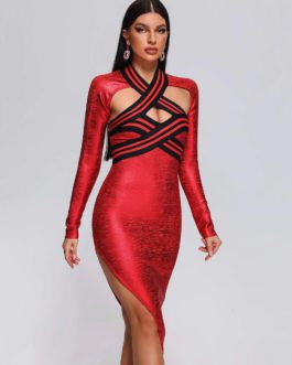 Red Long Sleeve Gilding Bodycon Dress