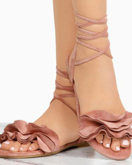 Women’s Flirty Ruffled Sandals – Crisscrossed Ankle Straps / Flat Soles