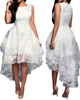 Women’s High Low White Lace Dress – Three Layered / Sleeveless