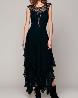 Multi-Layered Maxi Dress – Sleeveless / Lace / Asymmetrical Ruffled