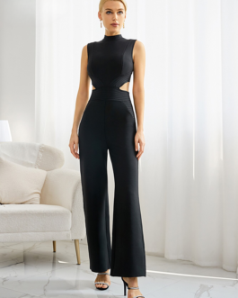 Black Hollow Out Bandage Jumpsuits Sexy Sleeveless & Long Pants