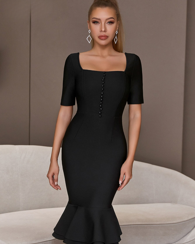 Elegant Midi Mermaid Bandage Dress Summer Sexy Short Sleeve