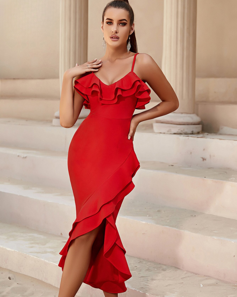 Ruffle Spaghetti Strap Elegant Dresses Red Sleeveless