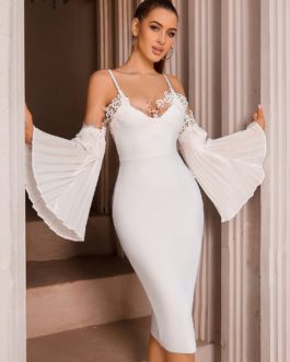Bandage Dress Sexy Flare Sleeve White Lace Midi Dress Elegant