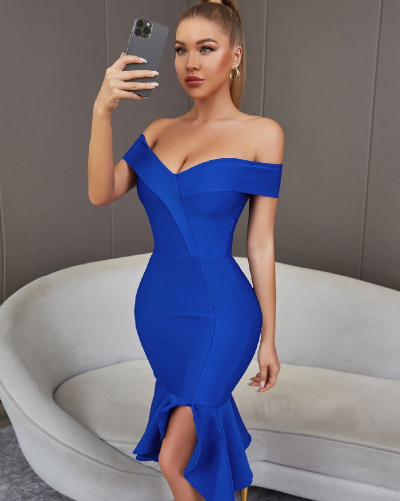 Off Shoulder Trumpet Bandage Dress V Neck Bodycon Blue Dress