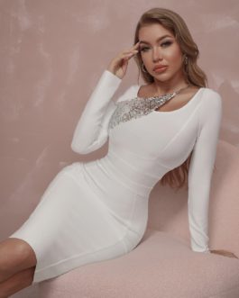 White Bodycon Bandage Dress 2022 Winter Long Sleeve Sexy Sequins