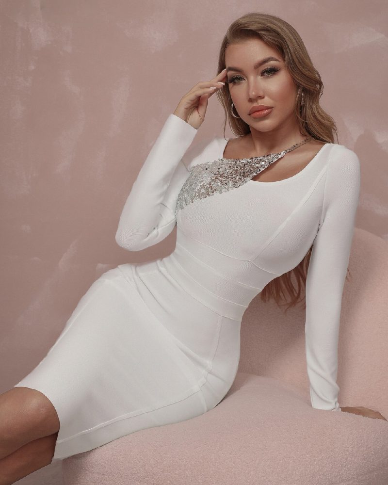 560 (1) White Bodycon Bandage Dress 2022 Winter Long Sleeve Sexy Sequins